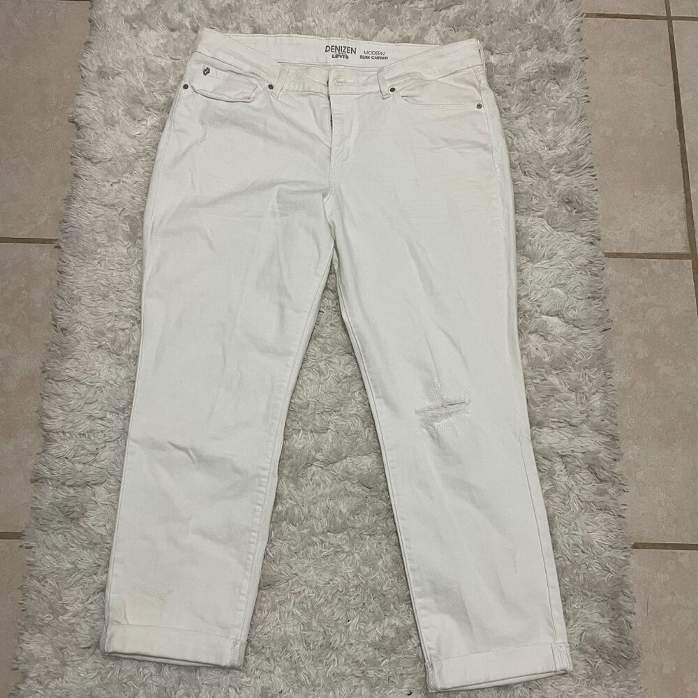 DENIZEN from LEVI'S Womens 16 W33in Modern Slim Cuffed Distressed White Jeans